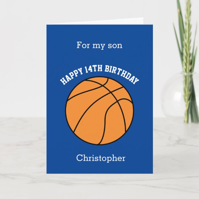 Blue Basketball Happy 14th Birthday Son Card (Front)