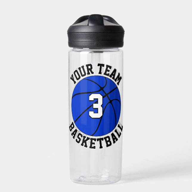 Blue Basketball Player Custom Team Name and Number Water Bottle (Front)