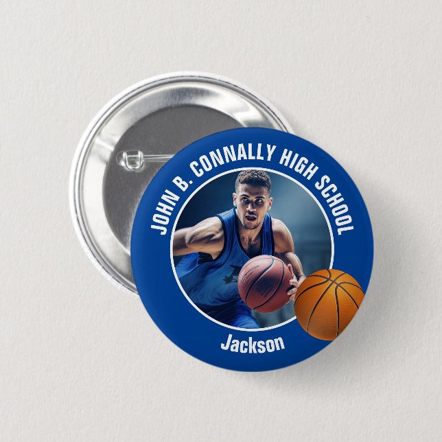 Blue Basketball Player Photo High School Spirit 6 Cm Round Badge (Front & Back)