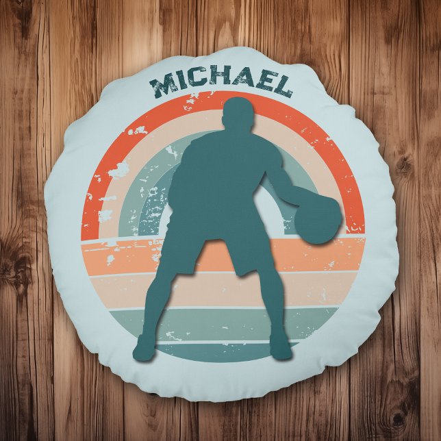 Blue Basketball Player Retro Rainbow Round Cushion (Creator Uploaded)