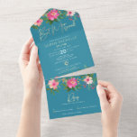 Blue Bat Mitzvah Gold Script Floral Watercolor All In One Invitation<br><div class="desc">Be proud, rejoice and showcase this milestone of your favourite Bat Mitzvah! Send out this stunning, modern, custom all-in-one invitation for an event to remember. A chic, stunning, pink and peach floral watercolor with faux gold foil script typography and modern white sans serif type overlay a dusty turquoise teal blue...</div>