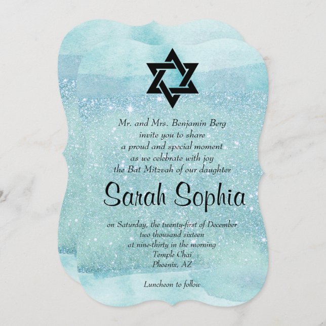 Blue Bat Mitzvah, Watercolor, Turquoise, Glitter Invitation (Front/Back)