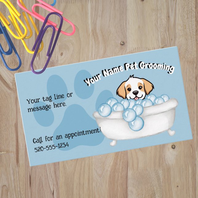 Blue Bathtub Bubbles Dog Groomer Services Business Card (Creator Uploaded)