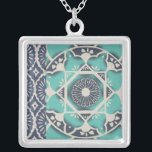 Blue Batik Tile II Silver Plated Necklace<br><div class="desc">Floral</div>