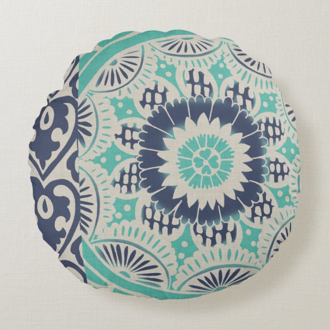 Blue Batik Tile III Round Cushion (Front)
