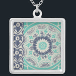 Blue Batik Tile III Silver Plated Necklace<br><div class="desc">Floral</div>