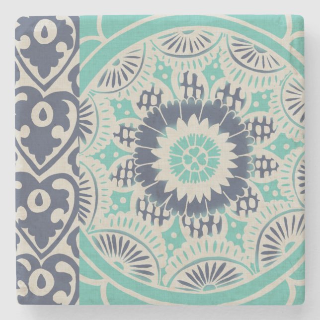 Blue Batik Tile III Stone Coaster (Front)