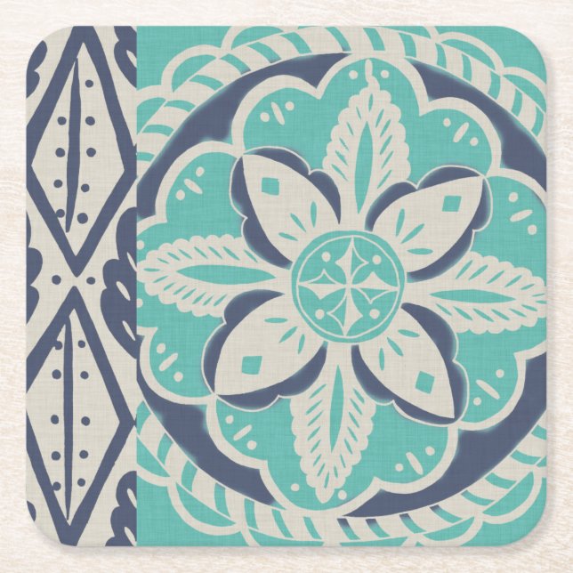 Blue Batik Tile IV Square Paper Coaster (Front)
