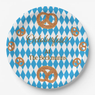 Blue Bavarian Octoberfest Pretzels Personalise Rnd Paper Plate