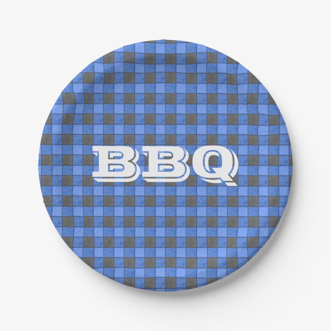 Blue BBQ Monogram Check Small Paper Plate (Front)