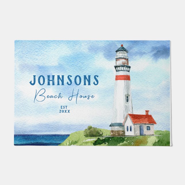 Blue Beach Coastal Ocean Lighthouse Welcome   Doormat (Front)