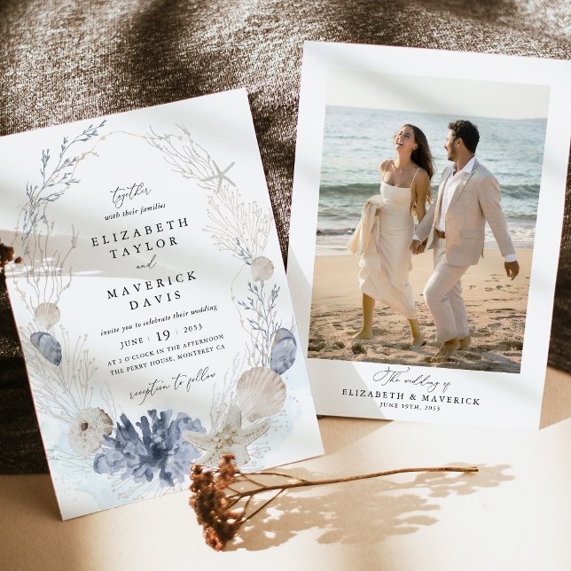 Blue Beach Coastal Seashell Photo Wedding Invitation (Blue Beach Photo Wedding Invitation Coastal Wedding Seashell Ocean Destination Wedding Stationery)