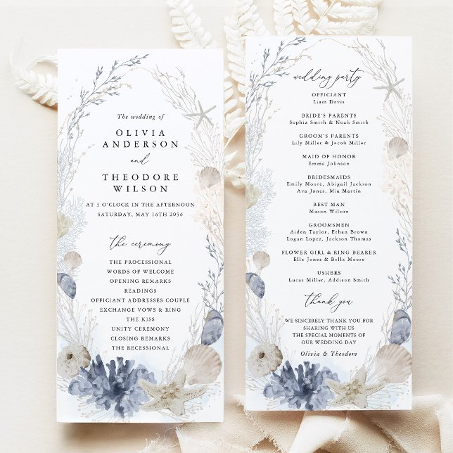 Blue Beach Coastal Seashell Wedding Ceremony Programme (Blue beach coastal wedding program ceremony timeline wedding party cards blue seashell stationery)