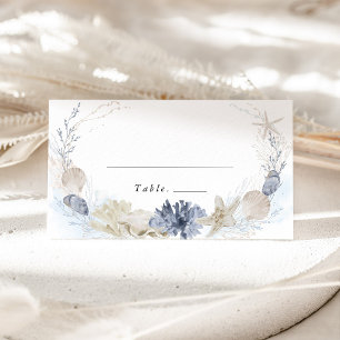 Blue Beach Coastal Seashell Wedding Name Place Card