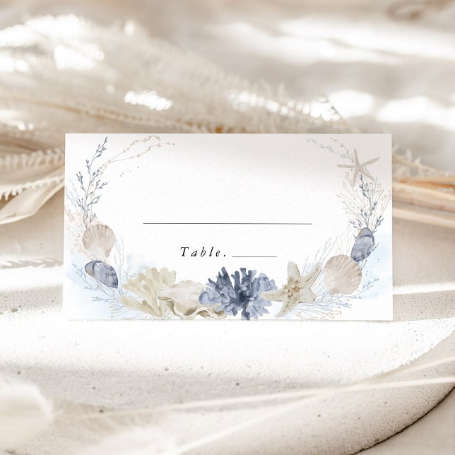 Blue Beach Coastal Seashell Wedding Name Place Card (Coastal Blue Seashell Wedding Place Card Beach Wedding Decor Destination Wedding Escort Name Card)