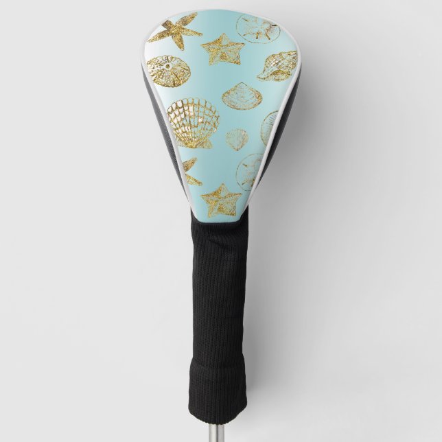 Blue Beach Gold Sea Shells Golf Head Cover (Front)