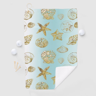 Blue Beach Gold Sea Shells Golf Towel