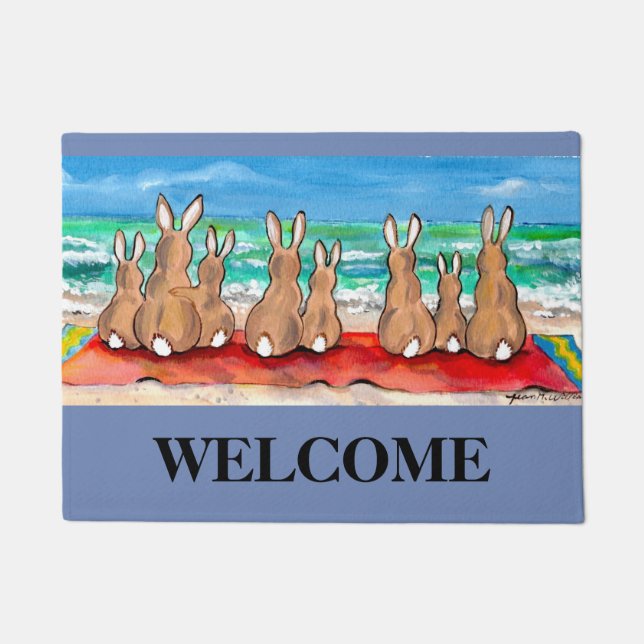 Blue Beach House Rabbit Welcome Mat Personalised (Front)
