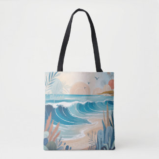 Blue Beach Illustration Tote Bag