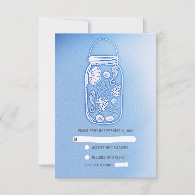 blue beach mason jar wedding RSVP cards (Front)