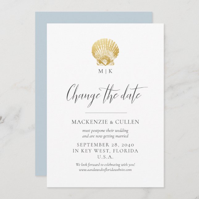 Blue Beach Monogram Wedding Change the Date Invitation (Front/Back)