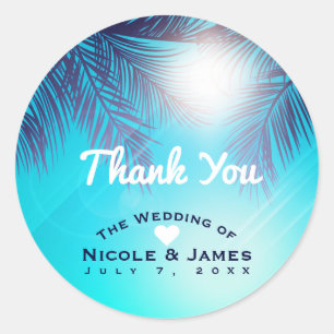 Blue BEACH PARTY Sunny Palm Trees Birthday Favour Classic Round Sticker