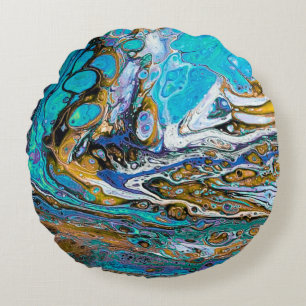 Blue Beach, River water and stones abstract art  Round Cushion