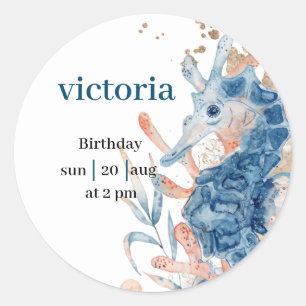 Blue Beach seahorse shell sea babyShower Classic Round Sticker