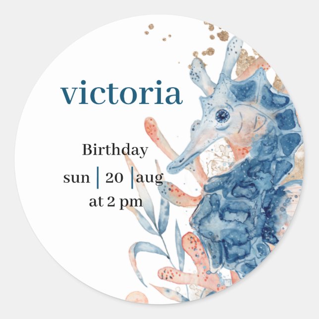  Blue Beach seahorse shell sea babyShower  Classic Round Sticker (Front)