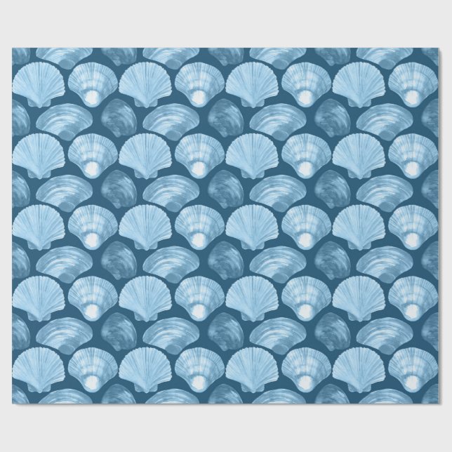 Blue Beach Seashell Pattern Wrapping Paper (Flat)