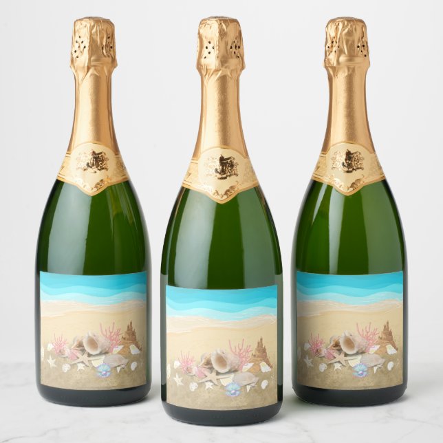 Blue Beach Shell Shells  Sparkling Wine Label (Bottles)