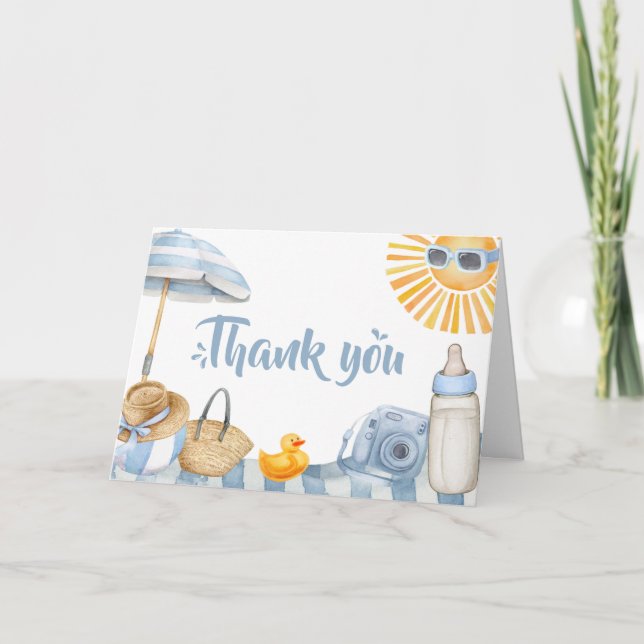 Blue Beach Summer Baby Shower Thank You Card (Front)