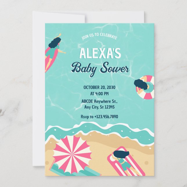 Blue beach summer party surfing baby shower invitation (Front)