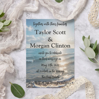 Blue Beach Sunset Watercolor Wedding Invitation