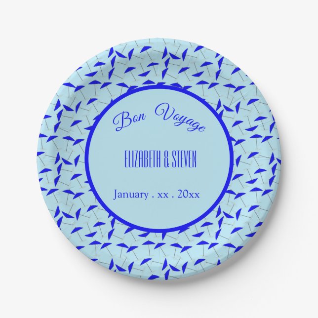 blue beach umbrella repeat pattern bon voyage paper plate (Front)