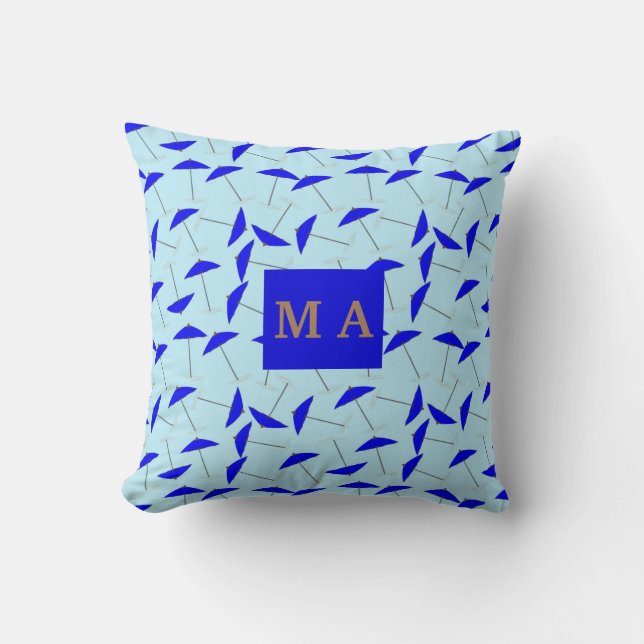 blue beach umbrella repeat pattern monogram  cushion (Front)