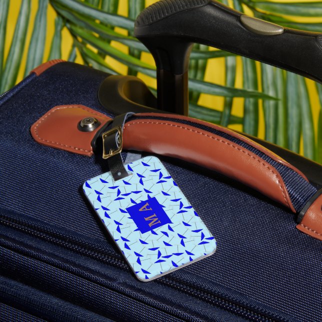 blue beach umbrella repeat pattern monogram  luggage tag (Front Insitu 1)