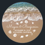 Blue Beach Waves and Sand Romantic Summer Wedding Classic Round Sticker<br><div class="desc">Blue crystal clear sea water and seaside sand wedding stickers. Please use the 'customise' button to edit font style or move sea treasures.</div>