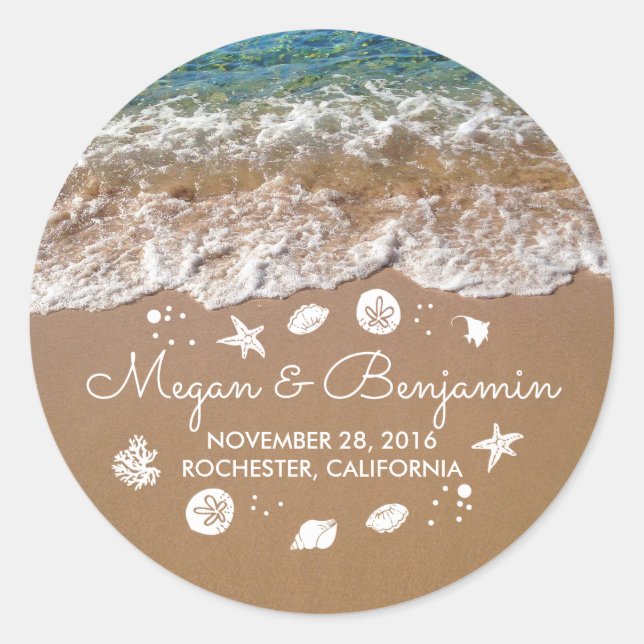 Blue Beach Waves and Sand Romantic Summer Wedding Classic Round Sticker (Front)