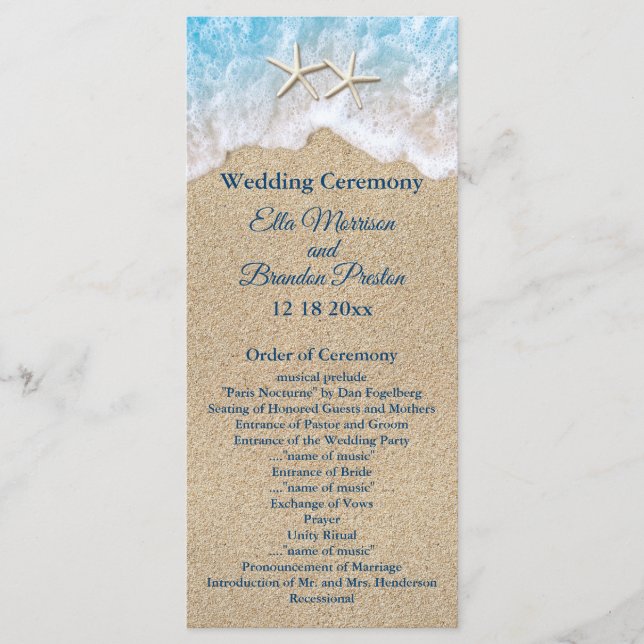 Blue Beach Waves and Starfish Wedding Program Programme (Front)