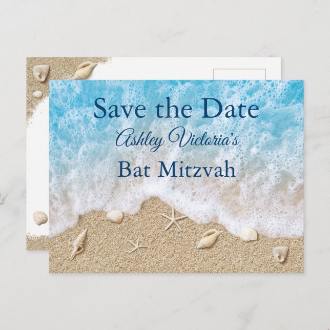Blue Beach Waves Bat Mitzvah Save the Date Invitation Postcard (Front/Back)
