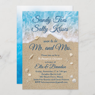 Blue Beach Waves Sandy Toes Rehearsal Dinner Invitation