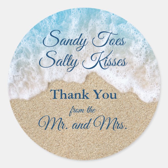 Blue Beach Waves Sandy Toes Salty Kisses Thank You Classic Round Sticker (Front)