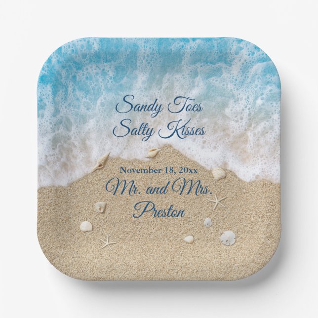 Blue Beach Waves Sandy Toes Square Paper Plate (Front)