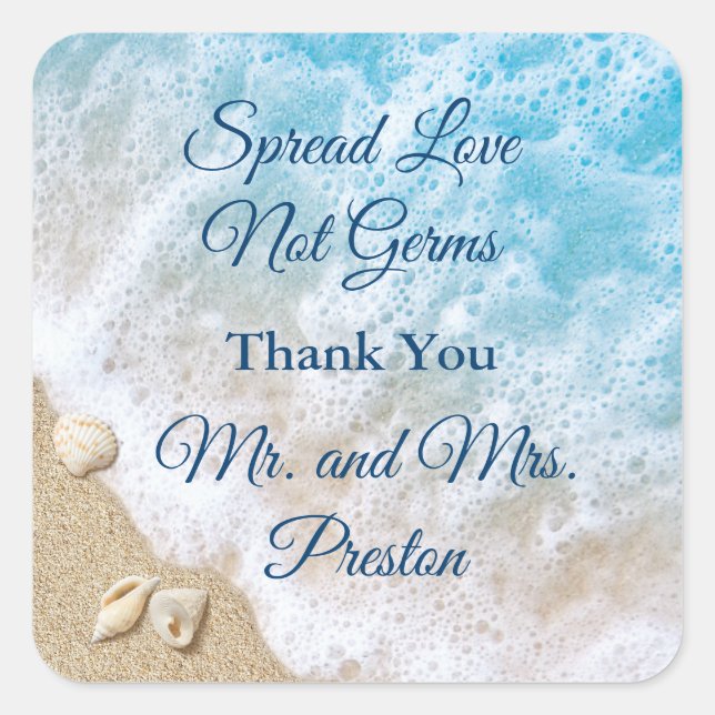 Blue Beach Waves Spread Love Hand Sanitizer Square Sticker (Front)