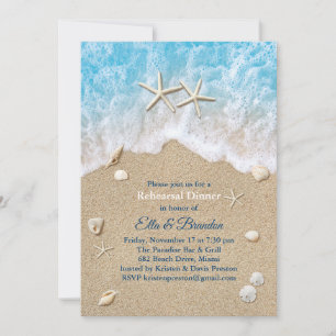 Blue Beach Waves & Starfish Rehearsal Dinner Invitation