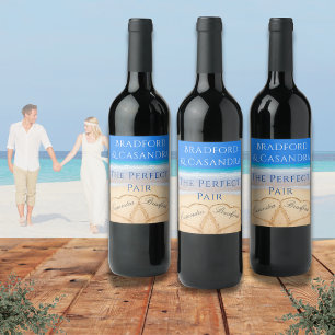 Blue Beach Wedding 2 Hearts in Sand Wine Label