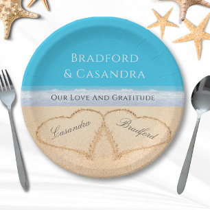 Blue Beach Wedding 2 Hearts in the Sand Paper P Plate