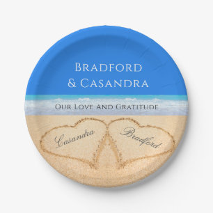  Blue Beach Wedding 2 Hearts in the Sand   Paper Plate