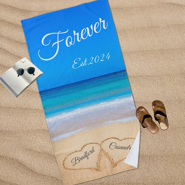 Blue Beach Wedding Hearts in Sand Forever Beach To Beach Towel (Creator Uploaded)